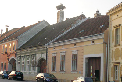 A stork nests on a rooftop in the wine city of Rust.